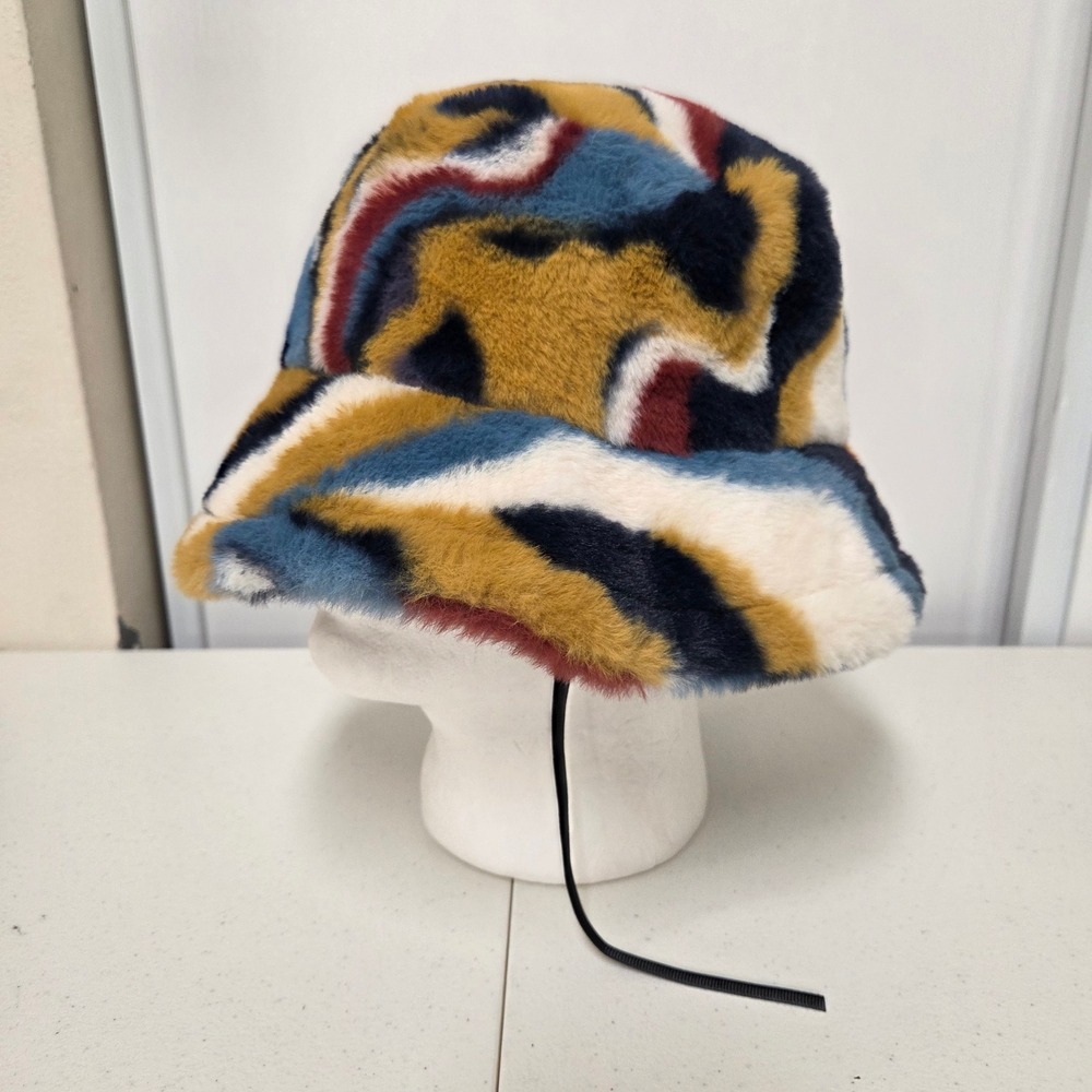 Abstract Faux Fur Bucket Hat Multicolor Swirl Retro 90s Streetwear One Size